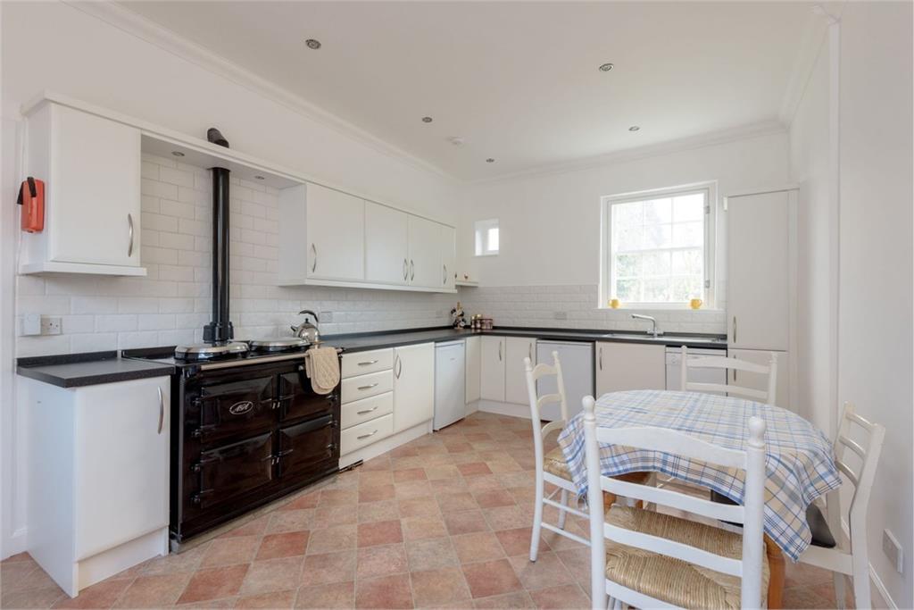 A modern kitchen with white cabinets but with an old style black cooker.